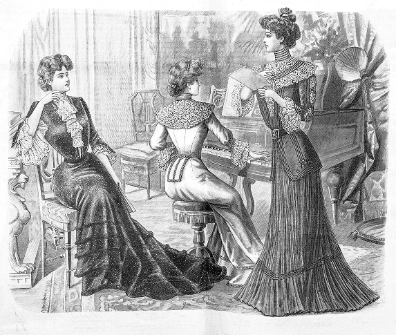 Antique 1902 French fashion illustration of women in elaborate period gowns in a parlour